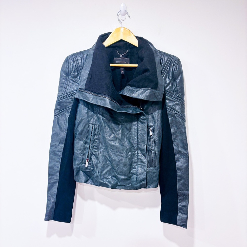 BCBG MAXAZRIA Gray green‎ leather jacket | Moto cropped | Small